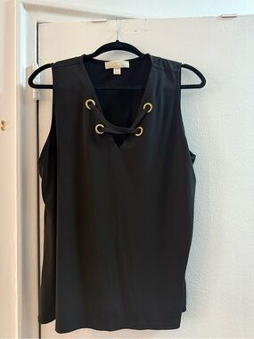 Michael Kors Black Sleeveless V-Neck Top with Gold Eyelets